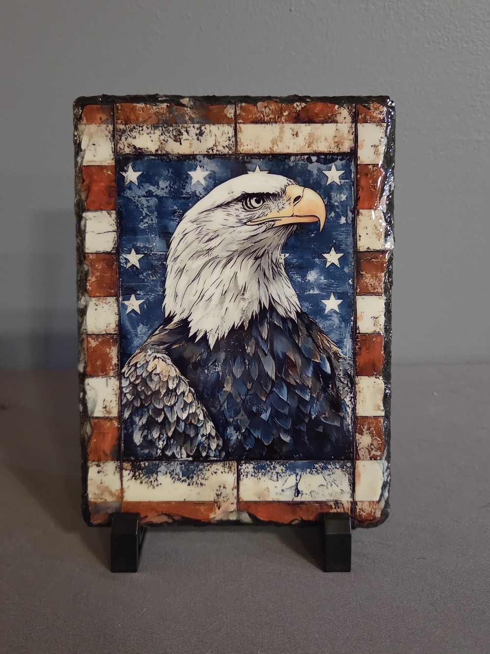Patriotic Bald Eagle Slate Plaque 6x8 Rustic Americana Decor
